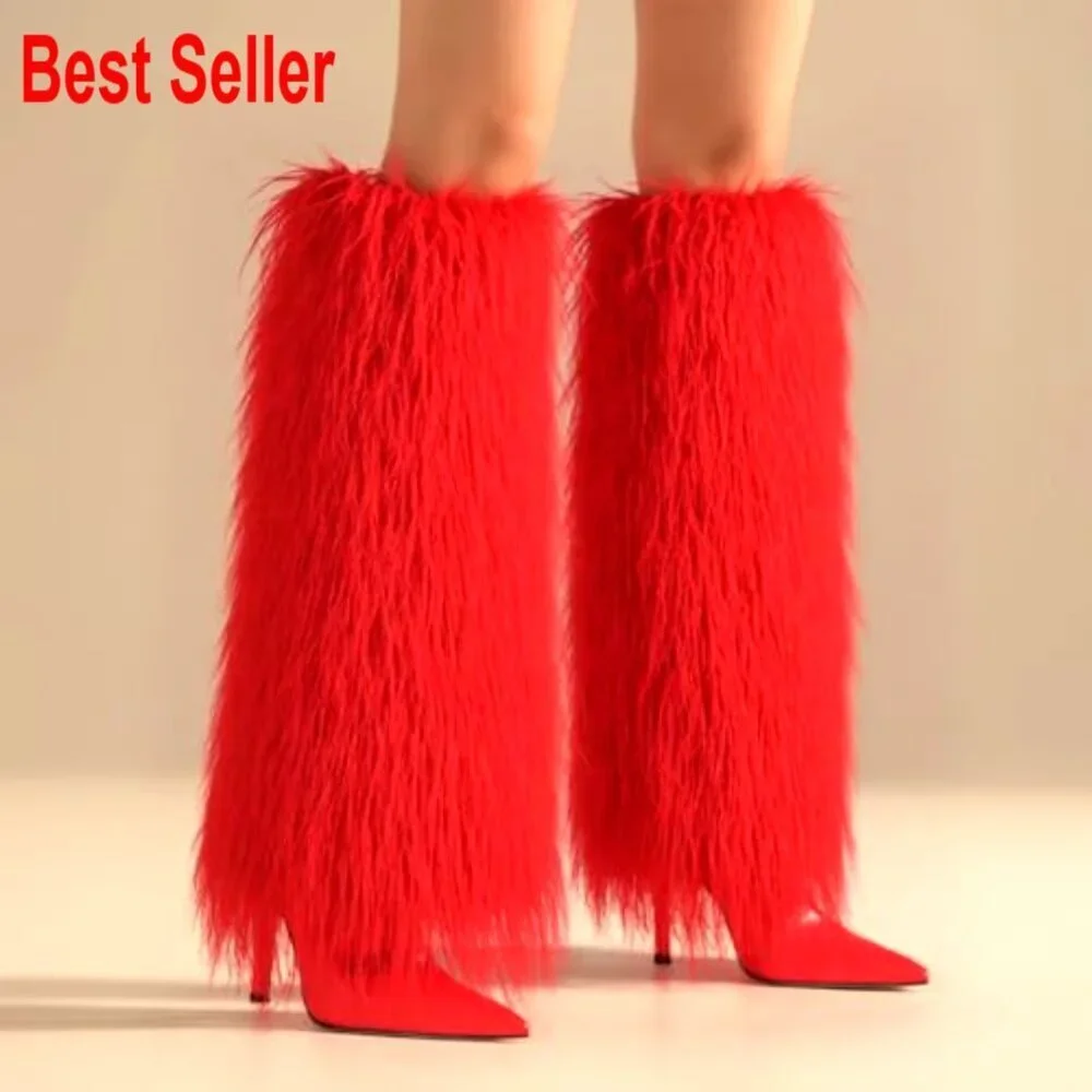 Faux Fur Knee High Boots with Stiletto Heel and Pointed Toe